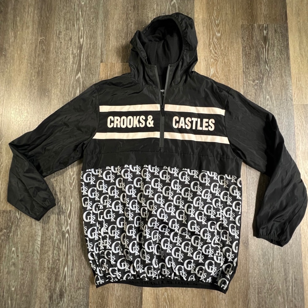 Crooks & Castles Windbreaker Jacket Mens Size Large Black Monogram Quarter Zip